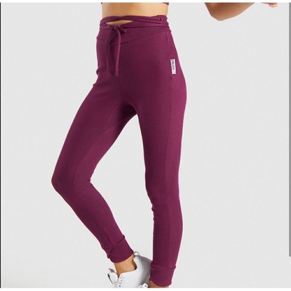 GYMSHARK Slounge Ribbon Bottoms Dark Ruby Marl Tie Waist Ribbed Soft Legging M